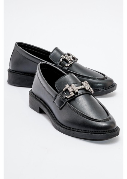 Kaydırmaz Kadın Taşlı Tokalı Loafer Ayakkabı SİYAH CİLT