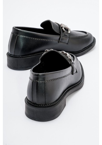 Kaydırmaz Kadın Taşlı Tokalı Loafer Ayakkabı SİYAH CİLT