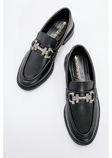 Kaydırmaz Kadın Taşlı Tokalı Loafer Ayakkabı SİYAH CİLT