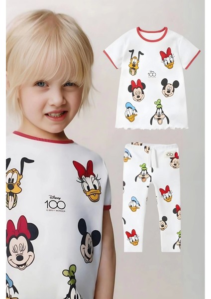 Kız Çocuk Disney 100. Yıl Baskılı Pamuklu Bisiklet Yaka Fitilli Kumaş T-Shirt ve Tayt Alt Üst Takım