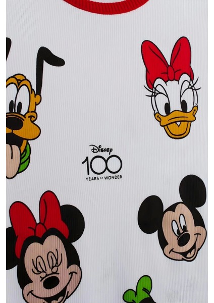 Kız Çocuk Disney 100. Yıl Baskılı Pamuklu Bisiklet Yaka Fitilli Kumaş T-Shirt ve Tayt Alt Üst Takım