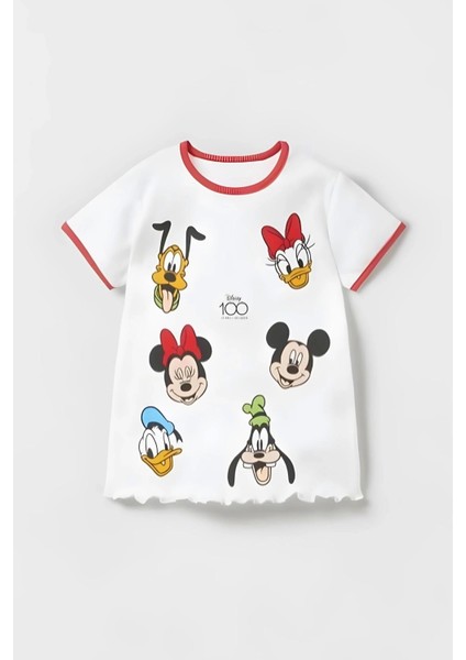 Kız Çocuk Disney 100. Yıl Baskılı Pamuklu Bisiklet Yaka Fitilli Kumaş T-Shirt ve Tayt Alt Üst Takım