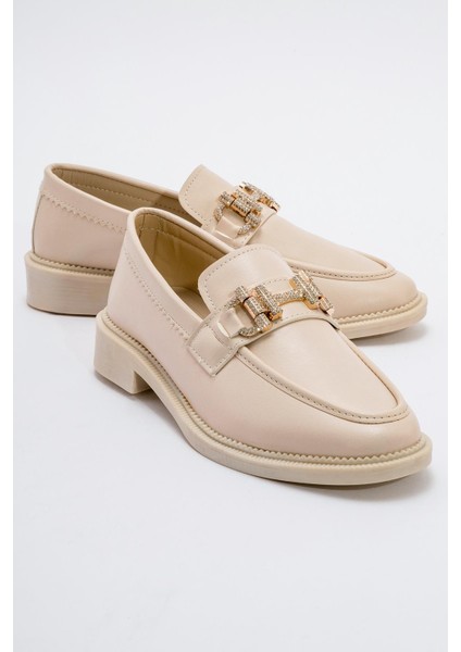 Kaydırmaz Kadın Taşlı Tokalı Loafer Ayakkabı TEN CİLT