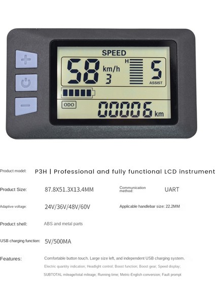 P3H LCD Ekranlı Gösterge Paneli 24/36/48/60V, E-Scooter (5pın) ile Uyumlu (Yurt Dışından)