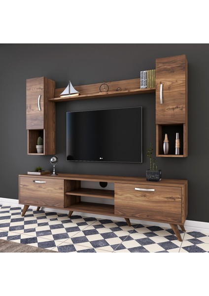 A9 Duvar Raflı Tv Ünitesi Kitaplıklı Tv Sehpası Duvara Monte Raflı Modern Ayaklı 180 cm Minyatür Ceviz M27