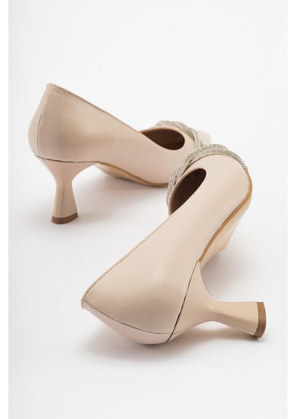 Çapraz Taşlı Kadın Stiletto Ayakkabı Ten Cilt Gümüş