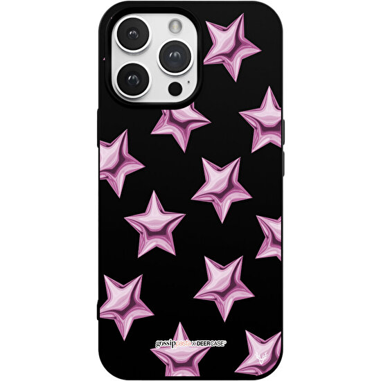 Deercase x Gossip Pasta Apple iPhone 14 Pro Max Purple Stars Tasarımlı Siyah Renkli Silikon Telefon Kılıfı