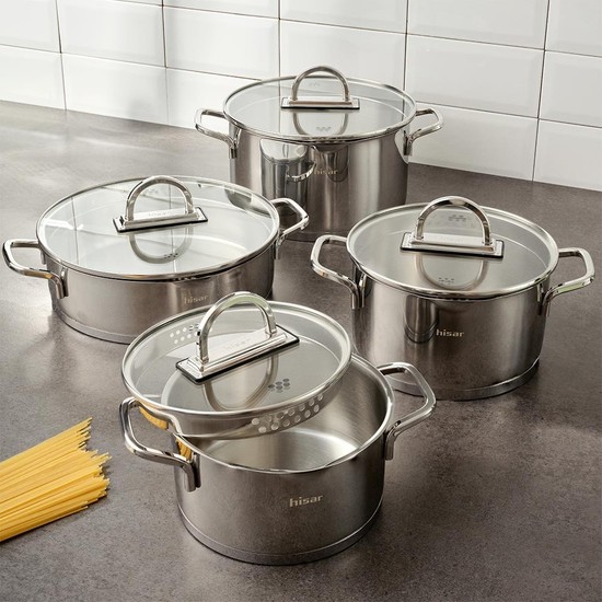 Hisar Luna 8 Parça Süzgeçli Çelik Tencere Seti - Inox Paslanmaz Malzeme ile Şık Tasarım ve Ebatlar