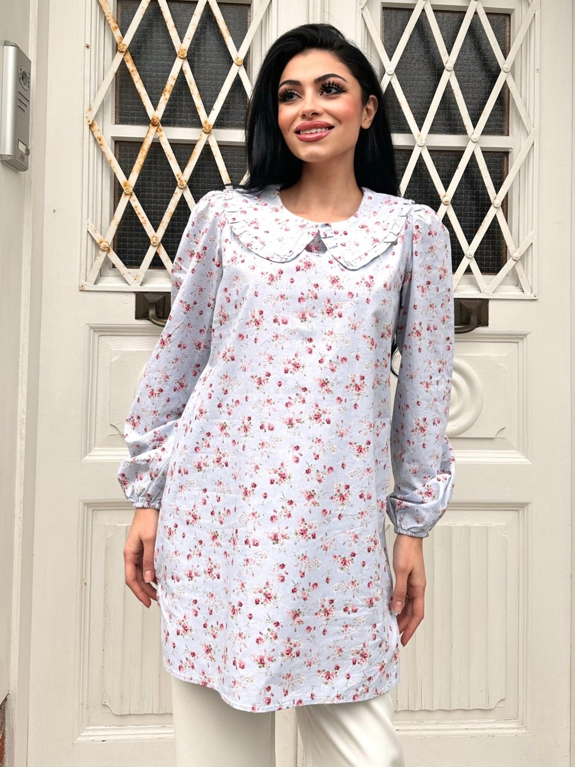 Küçüğüm Butik Çiçekli Poplin Bebe Yaka Uzun Tunik