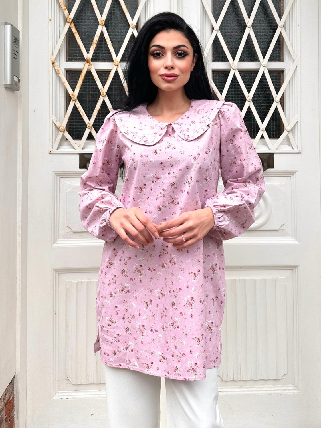 Küçüğüm Butik Çiçekli Poplin Bebe Yaka Uzun Tunik görsel 6