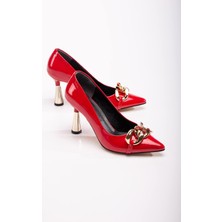 Ccway Kadın Zincirli Topuklu Ayakkabı Kırmızı Rugan