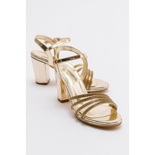 Ccway Kadın Çapraz Biyeli Taşlı Topuklu Ayakkabı Altın Ayna