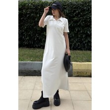 New Laviva Kadın Beyaz Polo Yaka Kısa Kol Yırtmaçlı Basic Model Uzun Salaş Elbise