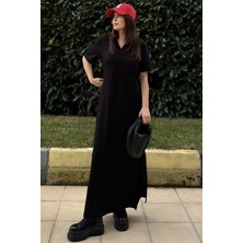 New Laviva Kadın Siyah Polo Yaka Kısa Kol Yırtmaçlı Basic Model Uzun Salaş Elbise