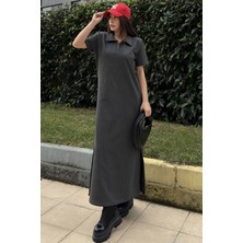 New Laviva Kadın Antrasit Polo Yaka Kısa Kol Yırtmaçlı Basic Model Uzun Salaş Elbise