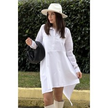 New Laviva Kadın Beyaz Gömlek Yaka Uzun Kol Asimetrik Kesim Salaş Midi Tunik Elbise