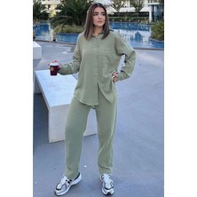 New Laviva Kadın Haki Salaş Uzun Gömlek & Beli Lastikli Pantolon - Alt & Üst Müslin Kumaş Takım