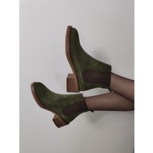 Çiğdem Kundura Helensi Gerçek Nubuk Deri Yanları Lastikli Kadın Kısa Bot(Enz B 16) - Yeşil - 39