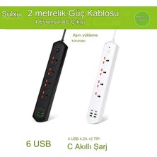 Qasul Isıya Dayanıklı Akım Korumalı 3000W Kapasiteli 10 Girişli 4 USB 2 Typ-C 4 Priz Girişli 2 Metre Kablo Uzunluklu Uzatma Gurup Priz