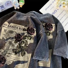Touz Moda Yıkamalı Streetwear Rose Baskılı Oversize Vintage T-Shirt