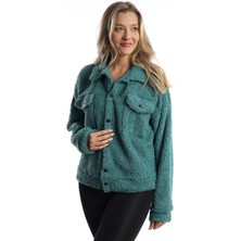 Polo State Kadın Çıt Çıt Kapamalı Kıvırcık Peluş Ceket  Petrol