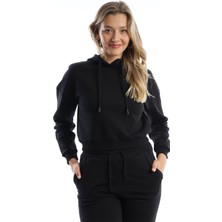Polo State Kadın Kapüşonlu 3 İplik Şardonlu Sweat Siyah
