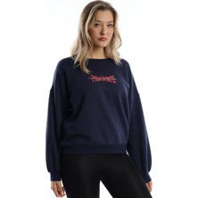Kadın Ön Arka Polo State Baskılı 3 İplik Sweat  Lacivert