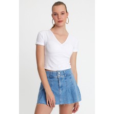 Polo State Kadın V Yaka Basic T-shirt Beyaz