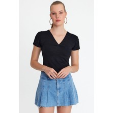 Polo State Kadın V Yaka Basic T-shirt  Siyah