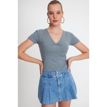 Polo State Kadın V Yaka Basic T-shirt  Antrasit