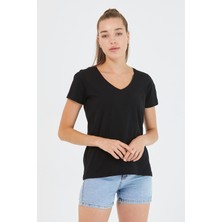 Polo State Kadın %100 Pamuk V Yaka Regular Kalıp T-Shirt Siyah