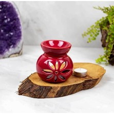 Best Gift Tealight Mum Hediyeli Kırmızı Seramik Lotus Çiçeği Motifli Buhurdanlık Mumluk