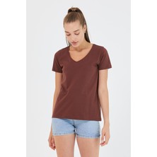Polo State Kadın %100 Pamuk V Yaka Regular Kalıp T-Shirt Kahverengi