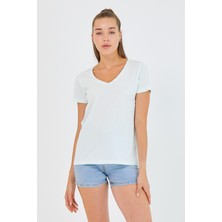 Polo State Kadın %100 Pamuk V Yaka Regular Kalıp T-Shirt Su Yeşili