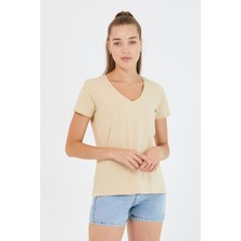 Polo State Kadın %100 Pamuk V Yaka Regular Kalıp T-Shirt Bej