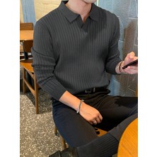 Tarz Cool Erkek Polo Yaka Fitilli Triko Kazak Füme Renk Desenli Günlük Kullanım