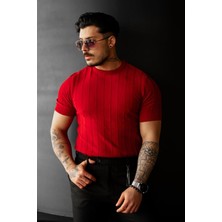 Tarz Cool Kırmızı Erkek Yuvarlak Yaka Örme T-Shirt