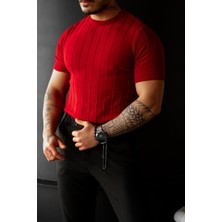 Tarz Cool Kırmızı Erkek Yuvarlak Yaka Örme T-Shirt