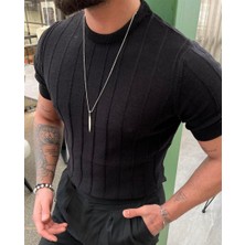 Tarz Cool Siyah Erkek Yuvarlak Yaka Örme T-Shirt