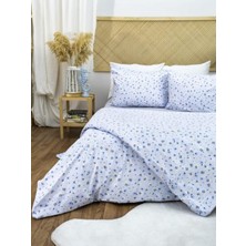 Homenup 160X200  Pamuklu 63 Tel Mavi-Beyaz Çiçek Desenli Çift Kişilik Nevresim Takımı