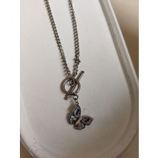 Stainless Steel Geçme Kilit Kelebekli Silver Kolye