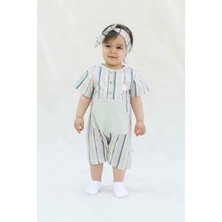 Little Gusto Kısa Kollu Bebek Şort Tulum Yeşil Çizgili Desenli Organik Pamuk