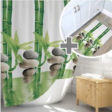 Tropik Home Dijital Baskılı Bamboo Banyo Paspası, Kaymaz Taban Paspas Seti, Banyo Perdesi ve Paspası