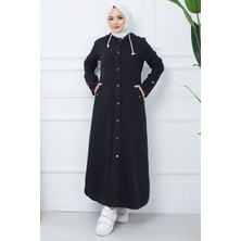 Hafsa Mina Kapşonlu Kot Kap Siyah HM2344