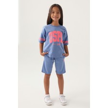 U.S. Polo Assn. Lisanslı Sleeve Detail Açık Indigo Kız Çocuk Bermuda Takım