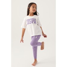 U.S. Polo Assn.  Lisanslı Floral Text Krem Kız Çocuk Pijama Takımı