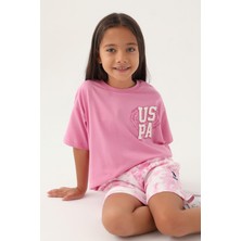 U.S. Polo Assn. Lisanslı Heart Printed Pembe Kız Çocuk Şort Takım