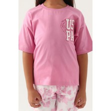 U.S. Polo Assn. Lisanslı Heart Printed Pembe Kız Çocuk Şort Takım