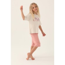 U.S. Polo Assn. Lisanslı Flower Printed Bej Kız Çocuk Kapri Takım
