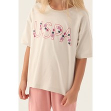U.S. Polo Assn. Lisanslı Flower Printed Bej Kız Çocuk Kapri Takım